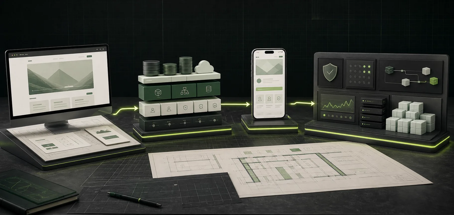Website, enterprise and mobile build stations connected to a production engineering review