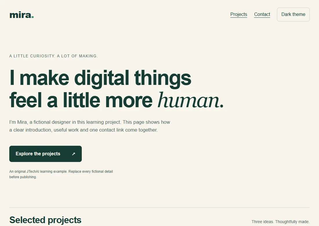 Actual starter project: Mira’s portfolio, with an introduction, project navigation and theme switch